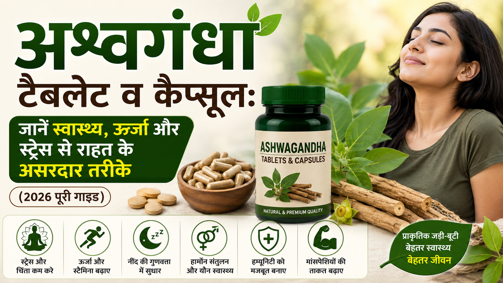 अश्वगंधा टैबलेट व कैप्सूल: जानें स्वास्थ्य, ऊर्जा और स्ट्रेस से राहत के असरदार तरीके (2026 पूरी गाइड)